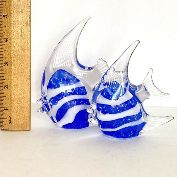Glass Kissing Fish Sculpture Pair Blue White - Picture 8 of 9